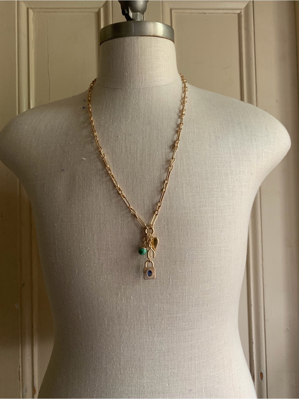 NWT a.n.a Gold-Tone Chain Necklace w/ Green Bead and Blue-Accented Padlock Charm